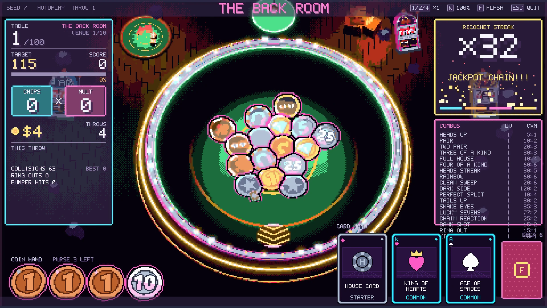 Table 1 in the Back Room: one throw breaks the House Rack into a x32 JACKPOT CHAIN