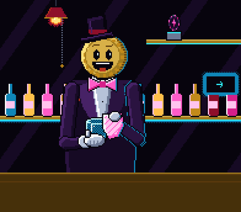 Lucky, a gold coin in a top hat and tuxedo, flipping a coin behind the bar