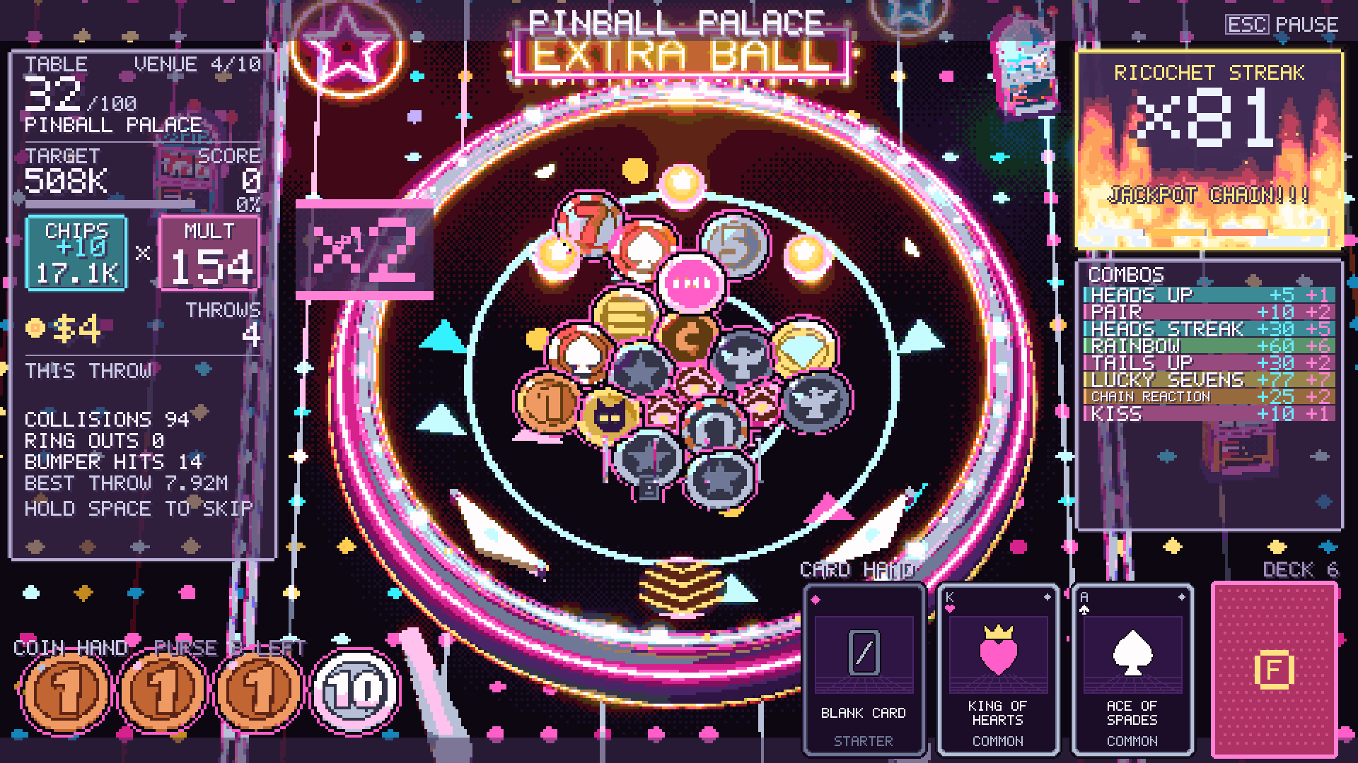 The Pinball Palace mid-tally: the Ricochet Streak panel on fire at x81, JACKPOT CHAIN