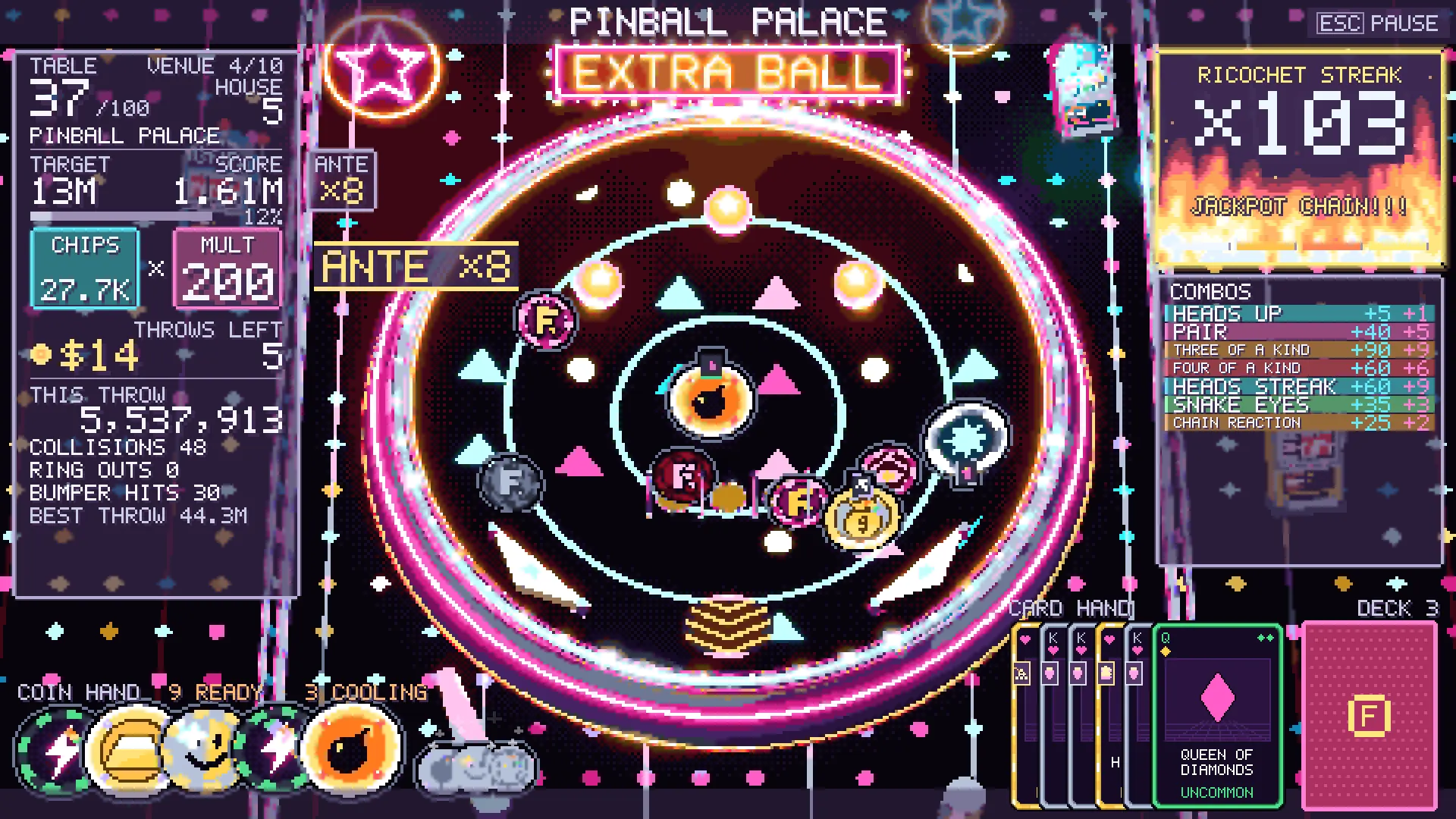 The Pinball Palace mid-tally: the Ricochet Streak panel on fire at x103, JACKPOT CHAIN