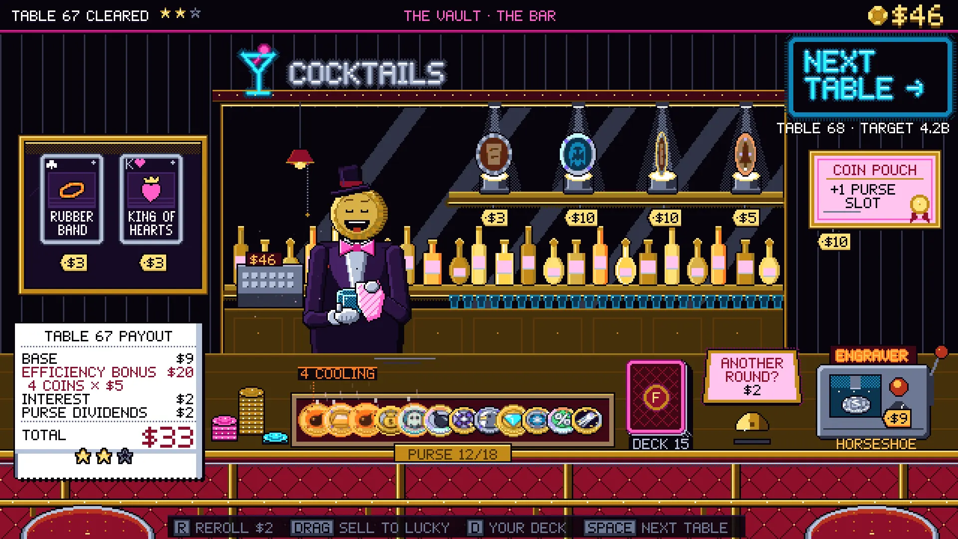 Lucky's bar between tables 67 and 68: the shop shelf, the payout slip and the Next Table button