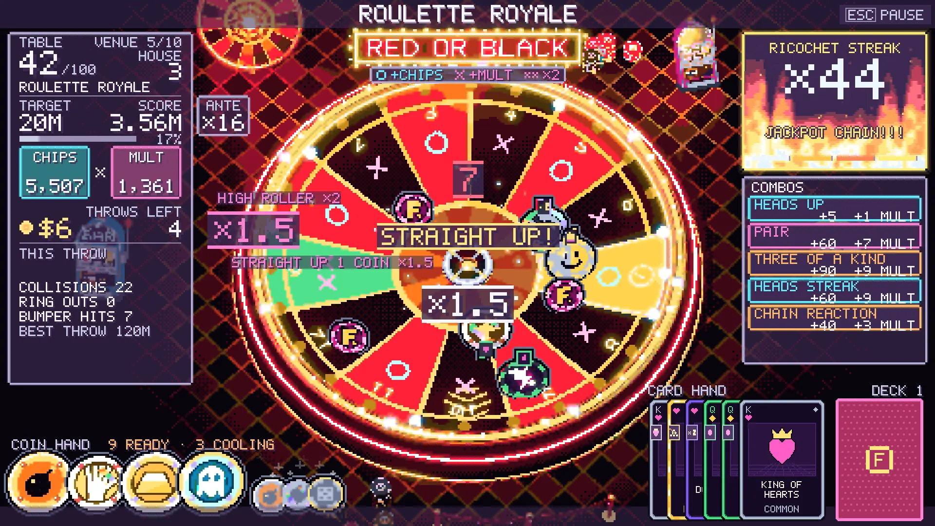 Roulette Royale at table 42: a coin rests in the lit pocket, STRAIGHT UP x1.5
