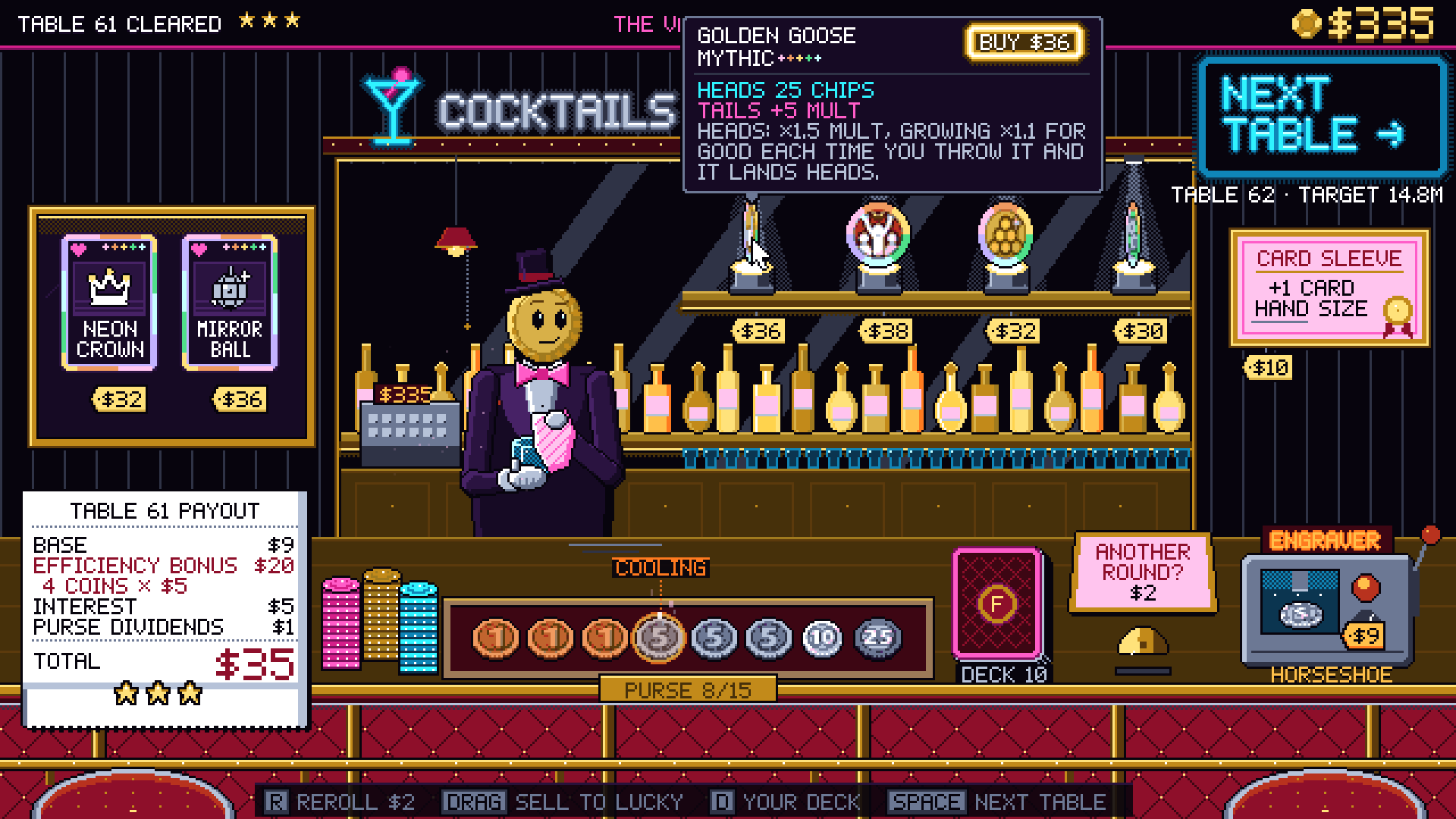 Lucky's bar between tables, with the Golden Goose on the shelf