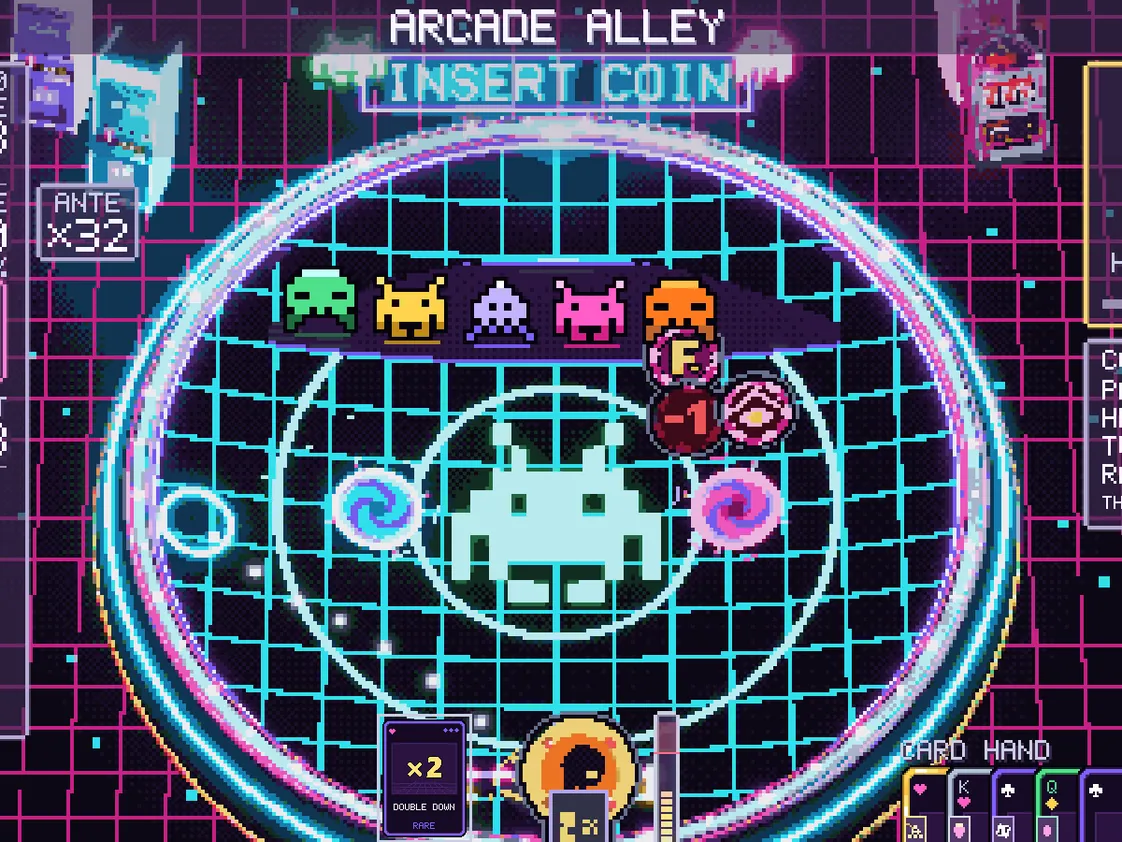 The Arcade Alley bowl on a neon grid with warp portals and a row of five pixel invaders