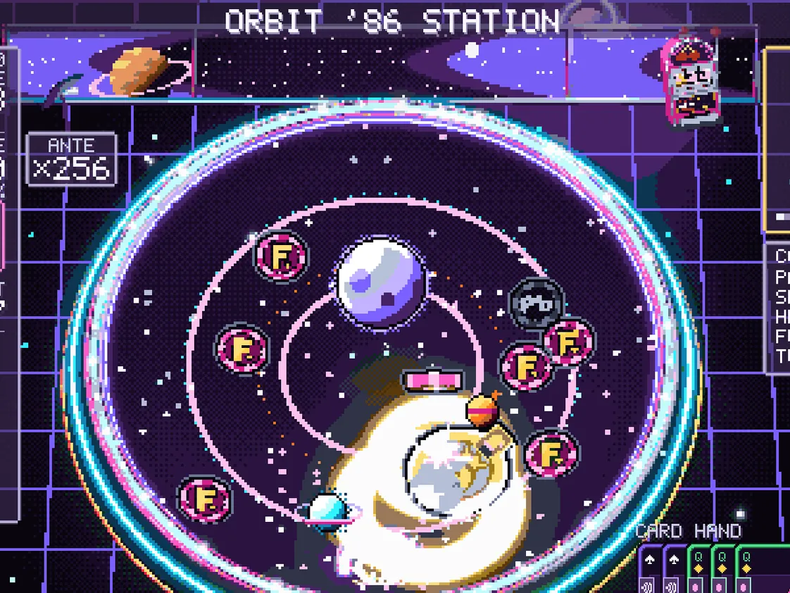 The Orbit '86 Station bowl among the stars, with a floating moon and two planets